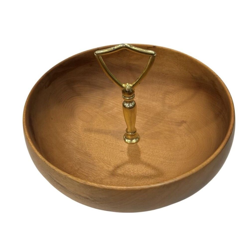 VTG Oregon Myrtle Wood 8" NUT BOWL CANDY COIN DISH Gold Handle Cracker Tray MCM